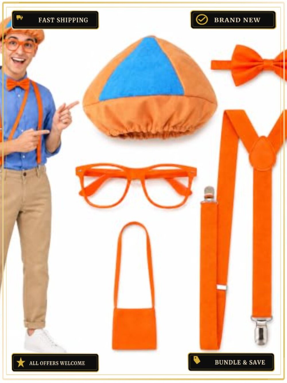 Adult Costume Accessory Set Hat Bow Tie Suspenders Glasses Bag